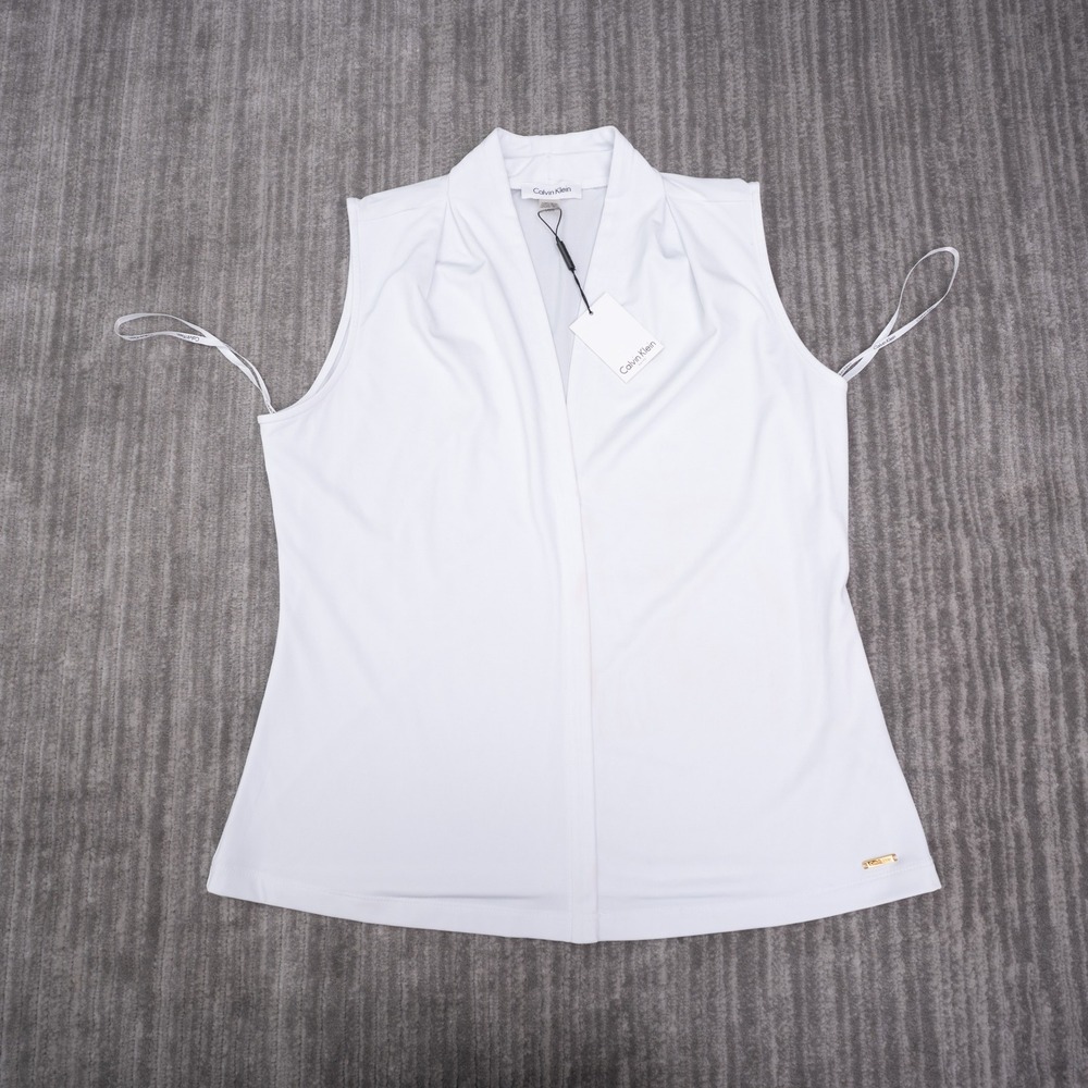 Calvin Klein Sleeveless Top Womens L White New Shawl Collar Blouse SFBTM311